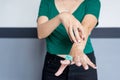 Woman with rash or pa-pule and scratch on her arm from allergies,Health allergy skin care problem,Close up