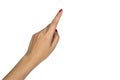 Female rasing hand with red nail touching or pointing something Royalty Free Stock Photo