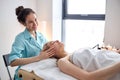 Female receiving osteopathic or chiropractic treatment on face and head in clinic Royalty Free Stock Photo