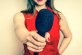 Female reporter with black microphone making interview Royalty Free Stock Photo