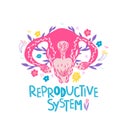 Female reproductive system with flowers. Female anatomy - uterus, ovaries, fallopian tubes.