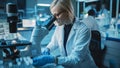 Female Research Scientist is Wearing Glasses and Looking Under the Microscope to Make Analysis of Royalty Free Stock Photo