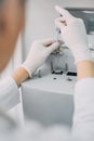 Female researcher doing research in a chemistry lab. Gas chromatograph Royalty Free Stock Photo