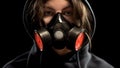 Female in respirator on dark background, protection from gas attack, closeup