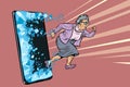 Female retired lady and new technology concept. grandmother punches the screen of the smartphone and goes online
