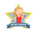 Female retro singer holding a microphone on emblem