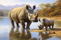 Female rhinoceros with its young in a pond, AI generated Royalty Free Stock Photo