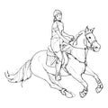 Female rider - jumping horse outline black and white Royalty Free Stock Photo