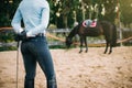 Female rider trains her horse, horseback riding Royalty Free Stock Photo