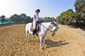 Female rider trains the horse Royalty Free Stock Photo