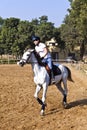 Female rider trains the horse Royalty Free Stock Photo