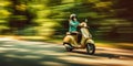 Female rides a scooter at speed down the road, blurred background the green trees, concept of Motion, created with