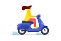 Female riding retro style scooter. Woman drives blue moped. Girl vintage motorcycle driver. Hipster on bike life in Royalty Free Stock Photo