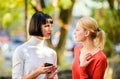 Female rivalry. Friendship problems rivalry and jealousy. Pretty girls friends sisters. Eye contact. Women looking at Royalty Free Stock Photo