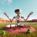 female robot doing yoga on green grass, Generative AI