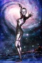 Female robot and galaxy Royalty Free Stock Photo
