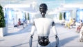 Female robot walking. Sci fi station. Futuristic monorail transport. Concept of future. People and robots. 3d rendering.