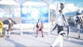 Female robot walking. Sci fi station. Futuristic monorail transport. Concept of future. People and robots. 3d rendering.