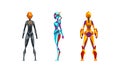 Female Robots in Various Poses Set, Side, Front and Back View of Cyborg Woman, Artificial Intelligence Concept Cartoon