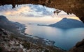 Female rock climber at sunset