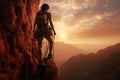 Female rock climber on the top of a cliff. Climbing concept, Extreme woman rock climbing on a mountain, rear view, no visible