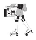 Female roller skater carrying boombox black and white 2D line cartoon legs closeup