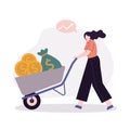 Female rolls cart with gold coins. Employee rolling cart with money. Businesswoman invest or save money. Concept of Royalty Free Stock Photo