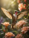 Female Ruby-throated Hummingbird (archilochus colubris) in flight with flowers in background Royalty Free Stock Photo