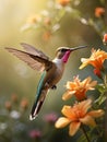 Female Ruby-throated Hummingbird (archilochus colubris) in flight with orange flowers in background