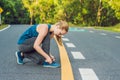 Female runner tying her shoes preparing for jogging outside .Young girld runner getting ready for training. Sport Royalty Free Stock Photo