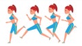 Female Running Vector. Animation Frames Set. Sport Athlete Fitness Character. Marathon Road Race Runner. Woman Side View