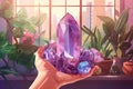 Female\'s hand holding beautiful amethyst crystal for meditation in bright sunny room, purple blue and pink colors Royalty Free Stock Photo