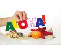 Female's hand holding colorful word 'Aloha'