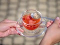 A female`s hands with a cup of berries liquid on a stone blurred background. Delicious and natural strawberry tea. Royalty Free Stock Photo