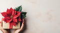 Female\'s hands holding Christmas gift box decorated poinsettia flower on white background. AI Generative.