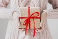 Female`s hands holding a Christmas present wrapped in kraft paper with red ribbon Royalty Free Stock Photo