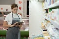 Female sales clerk wearing apron using a digital tablet with store shelves on background. Royalty Free Stock Photo