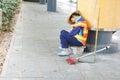 A female sanitation workers in the sleepy, in Shenzhen, China
