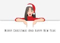 Female in Santa Claus hat pointing down at a copy space cartoon character vector Royalty Free Stock Photo