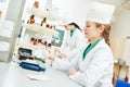 Female scientific pharmacy worker preparing medicine drug