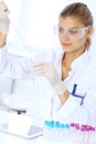 Female scientific researcher or blood test assistant at work in laboratory. Science, medicine and pharmacy concept Royalty Free Stock Photo