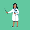 Female Scientist. Afro american woman in white medical gown holding pointer on green background. Genome sequencing