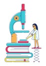 Female scientist analyzing with a huge microscope on books. Woman in lab coat conducting research vector illustration