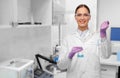 Female scientist with chemical at laboratory Royalty Free Stock Photo