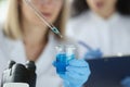 Female scientist dripping blue liquid from pipette into flask in laboratory Royalty Free Stock Photo