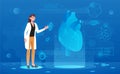 Female scientist examines futuristic medical hologram of human heart