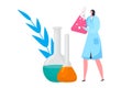 Female scientist with a flask in a laboratory setting. Woman chemist analyzing liquid substance. Research and