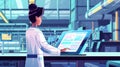 Scientist using touchscreen in innovative production factory