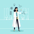 Female scientist in lab checking chemical reaction from beaker vector illustration. International Day of Women and Girls in