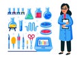 Female Scientist and Laboratory equipment set. Woman in a blue medical gown and Flask, vial, test-tube, glass retorts